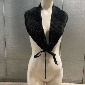 Faux fur beaded chal in black adjustable satin bow